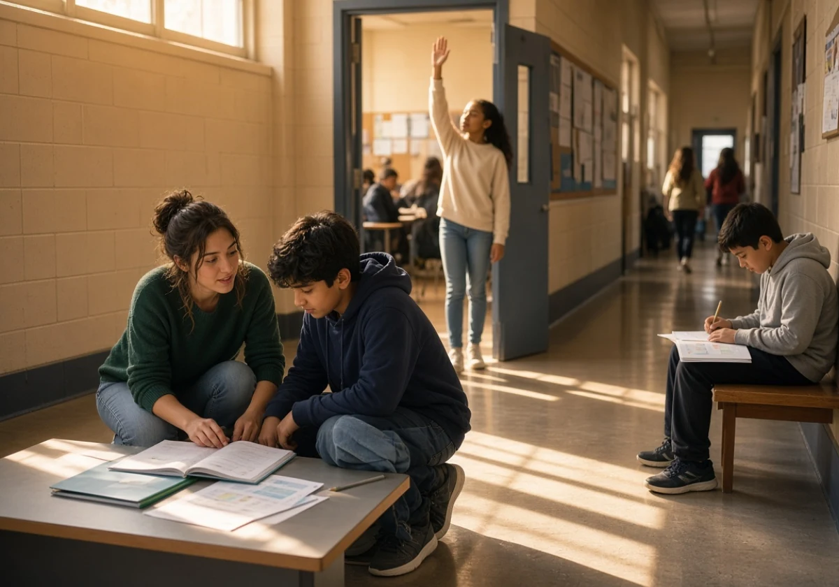 Young teaching assistant in a busy school hallway kneeling